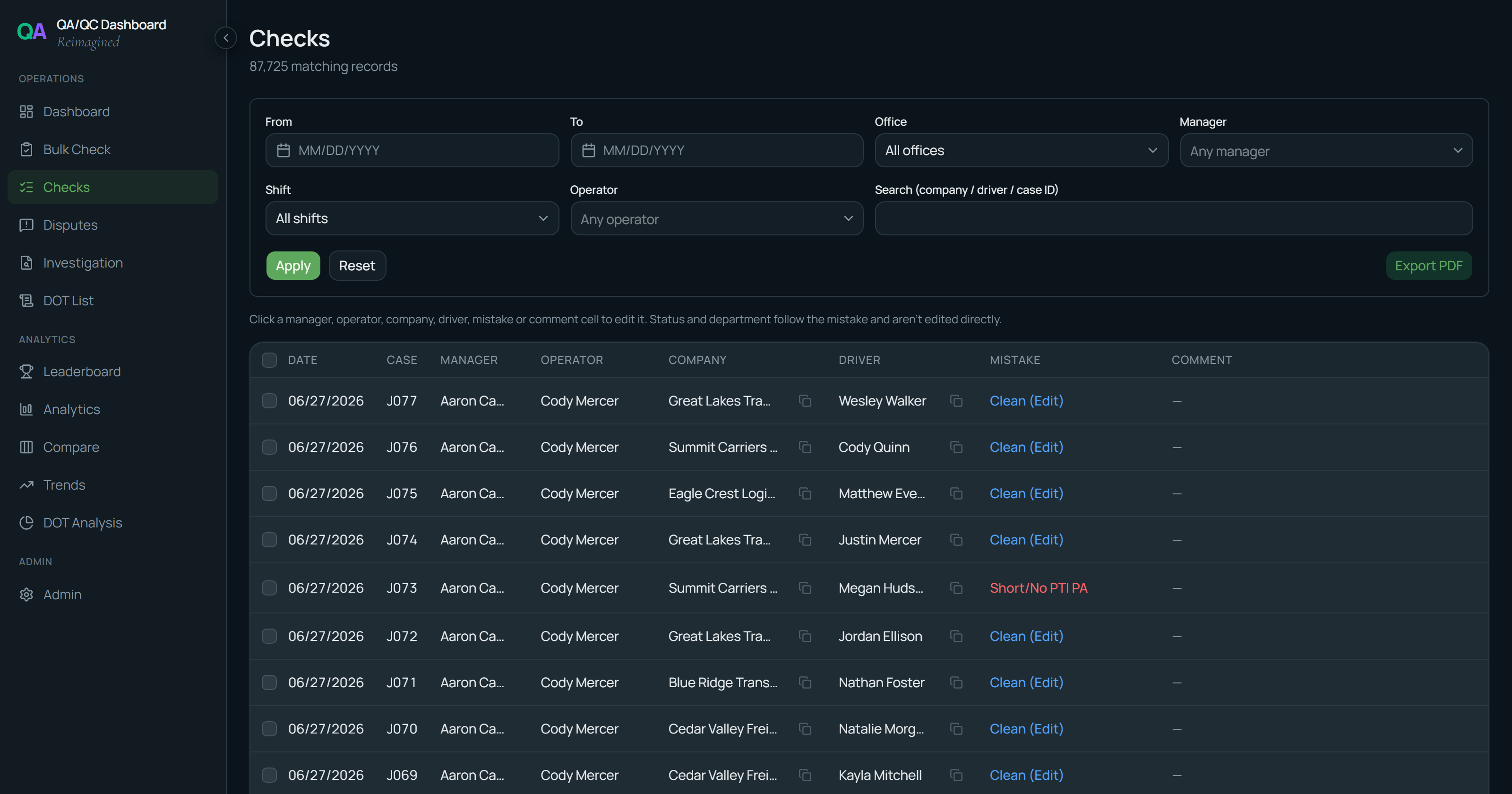 Checks — the searchable, filterable, inline-editable record of every check, with PDF export