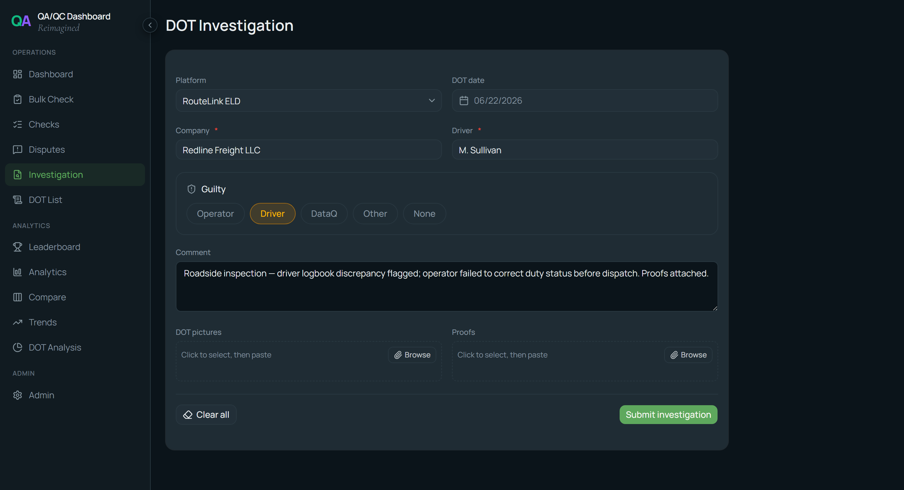 DOT Investigation — log an inspection, attribute fault with guilty badges, attach picture and proofs